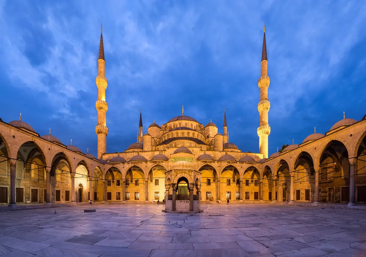 The courtyard of the Blue Mosque at dusk